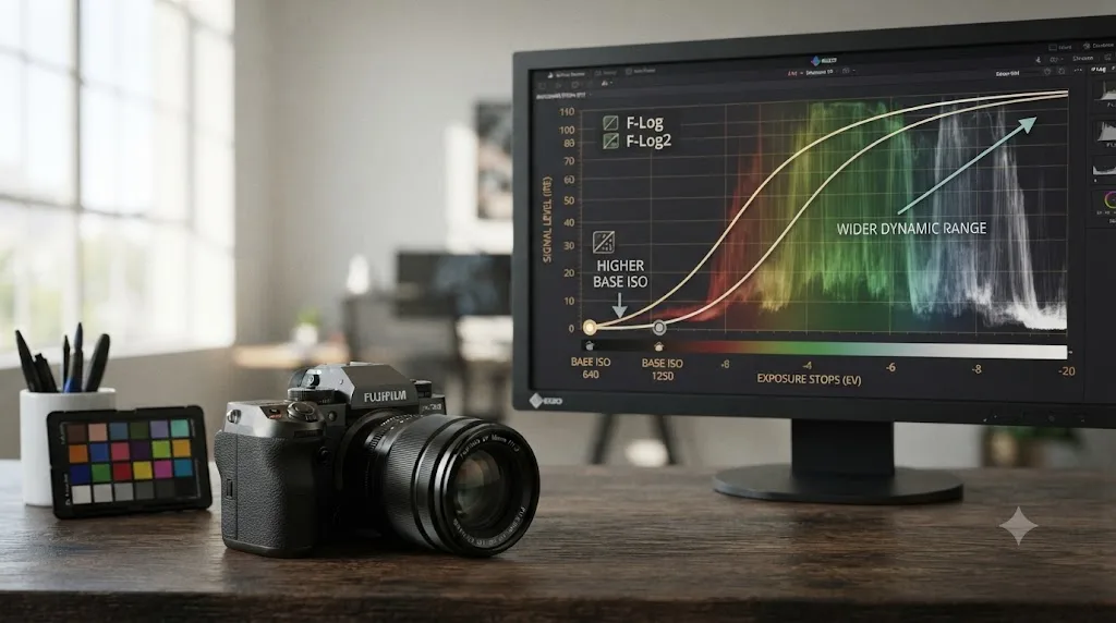 Illustration comparing the F-Log and F-Log2 gamma curves on a waveform graph, showing F-Log2's wider dynamic range