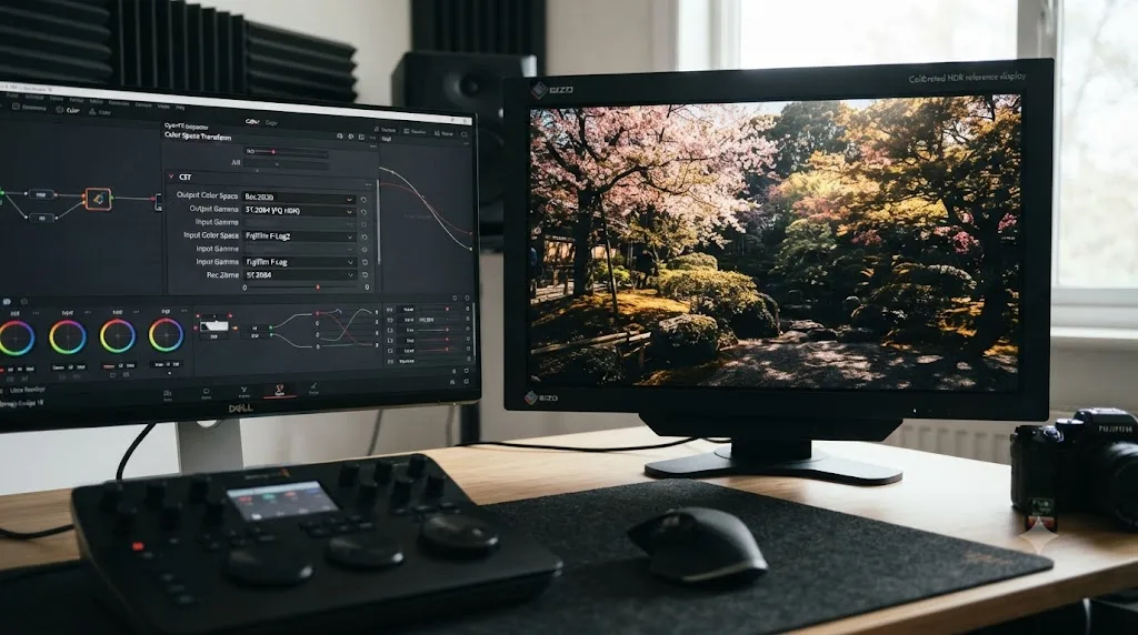 Illustration of a Color Space Transform output panel set to Rec.2020 and ST.2084 beside a calibrated HDR reference monitor