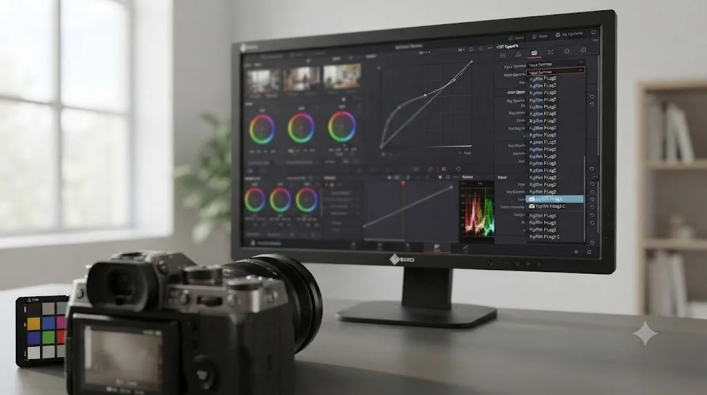 Illustration of a dropdown menu open to Fujifilm F-Log2 within a Color Space Transform settings panel in DaVinci Resolve