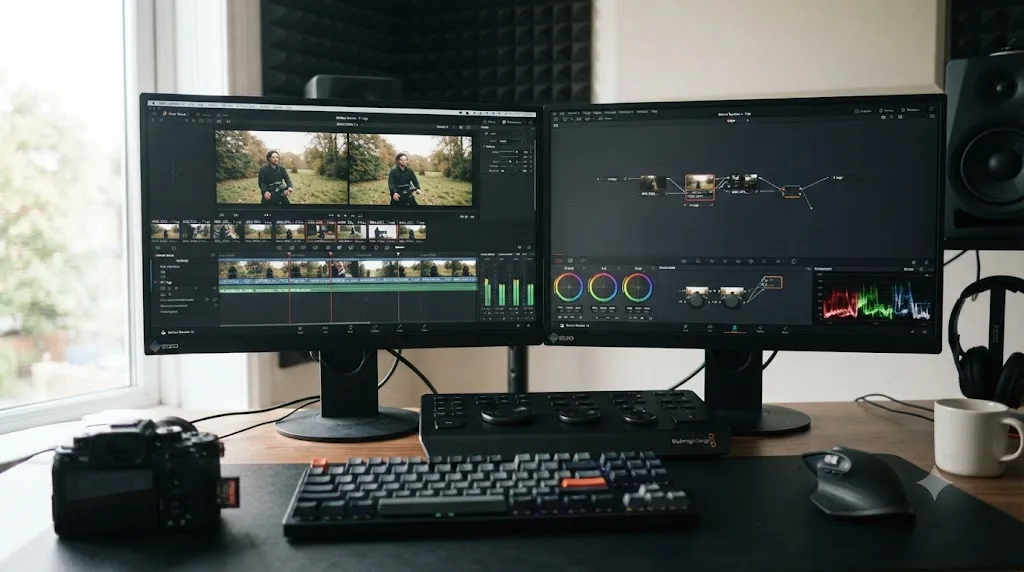 Illustration of a DaVinci Resolve timeline with clips labeled F-Log and F-Log2 side by side, showing a mixed-camera project