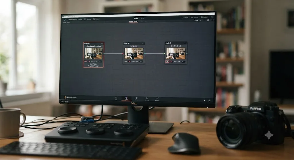 Illustration of a DaVinci Resolve node tree with a Color Space Transform node feeding correction and creative grade nodes downstream