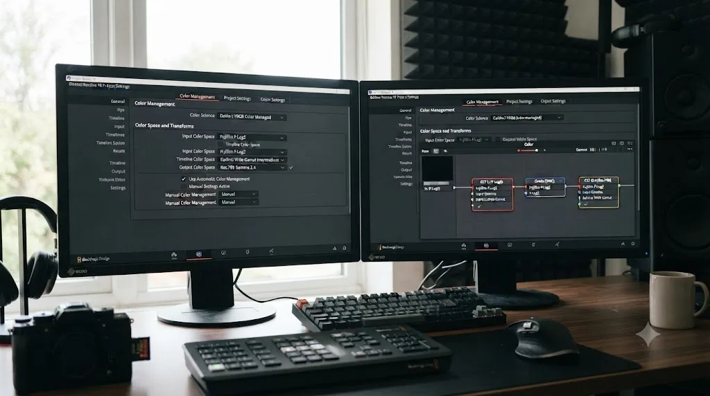 Illustration of two DaVinci Resolve project settings panels, one for Resolve Color Management and one for a manual Color Space Transform workflow