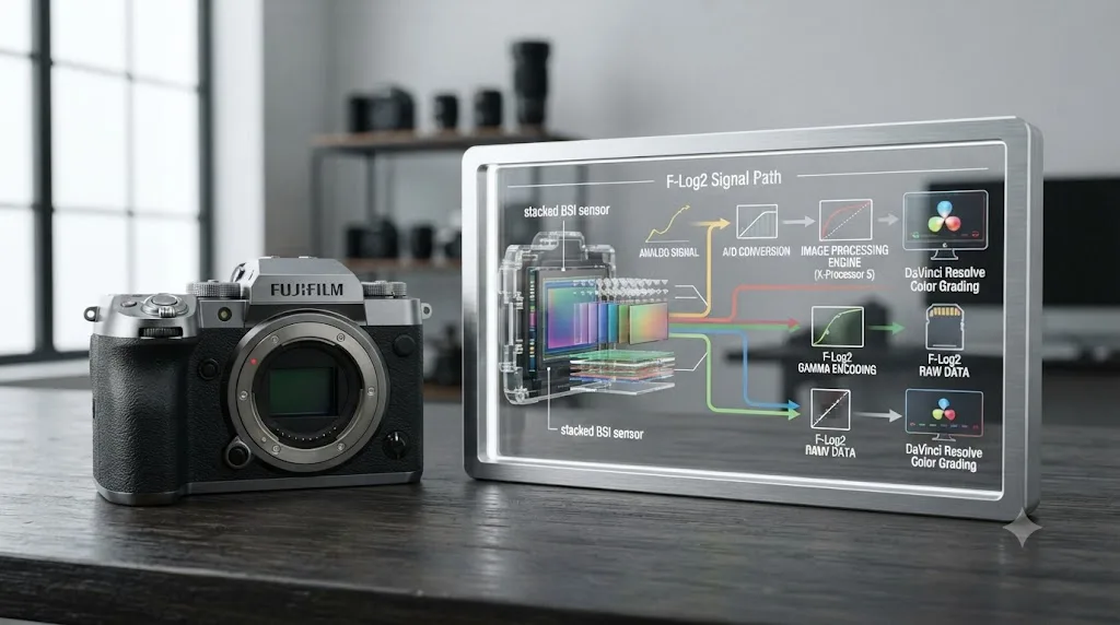 Illustration of a Fujifilm X-H2S camera and its stacked BSI sensor feeding a labeled F-Log2 signal path