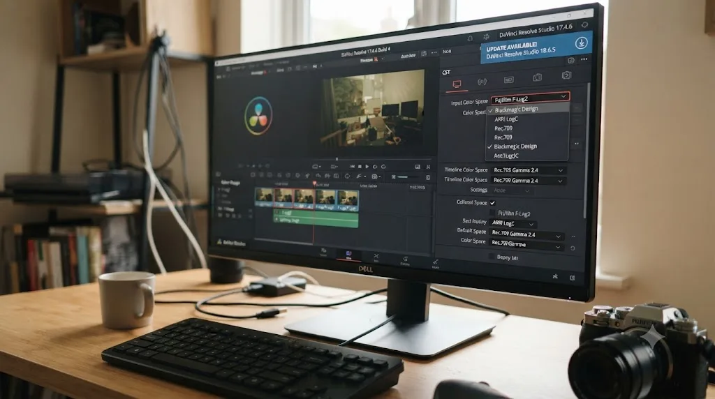 Illustration of a DaVinci Resolve version update notification next to a greyed out Fujifilm F-Log2 option in a Color Space Transform panel