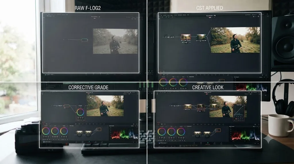Illustration of a step by step storyboard showing F-Log2 footage progressing through correction and creative grading nodes to a finished shot