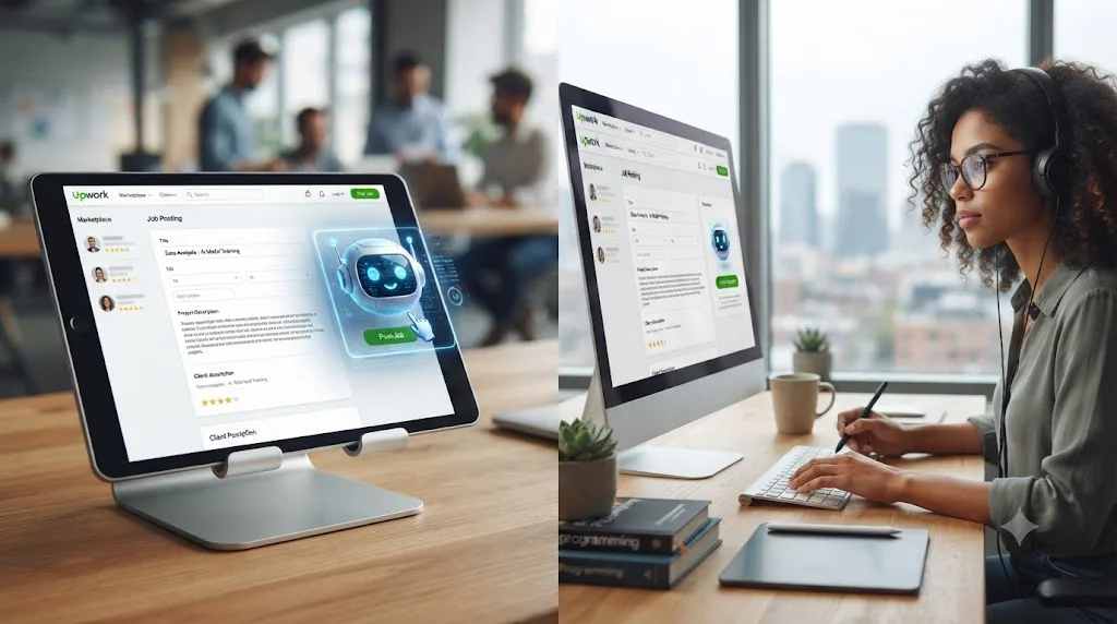 Illustration of an AI agent icon posting a job listing on a freelance marketplace with a human freelancer responding