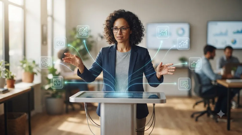 Illustration of a person directing multiple AI agent icons like a conductor, representing the AI Orchestrator freelance role