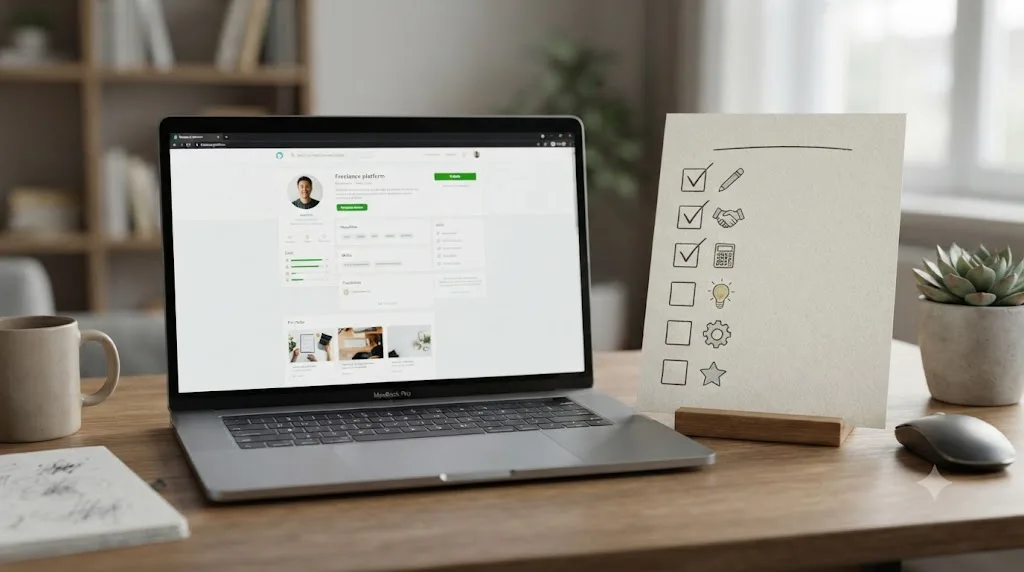 Illustration of a six-item action checklist next to a freelancer's profile page on a laptop screen