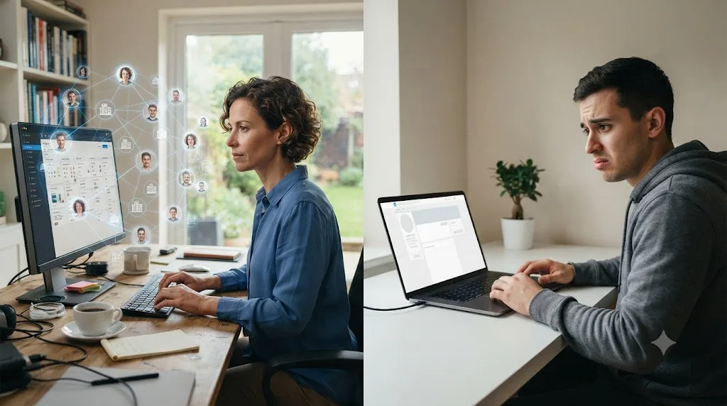 Illustration comparing an established freelancer with repeat client connections against a new freelancer with an empty profile