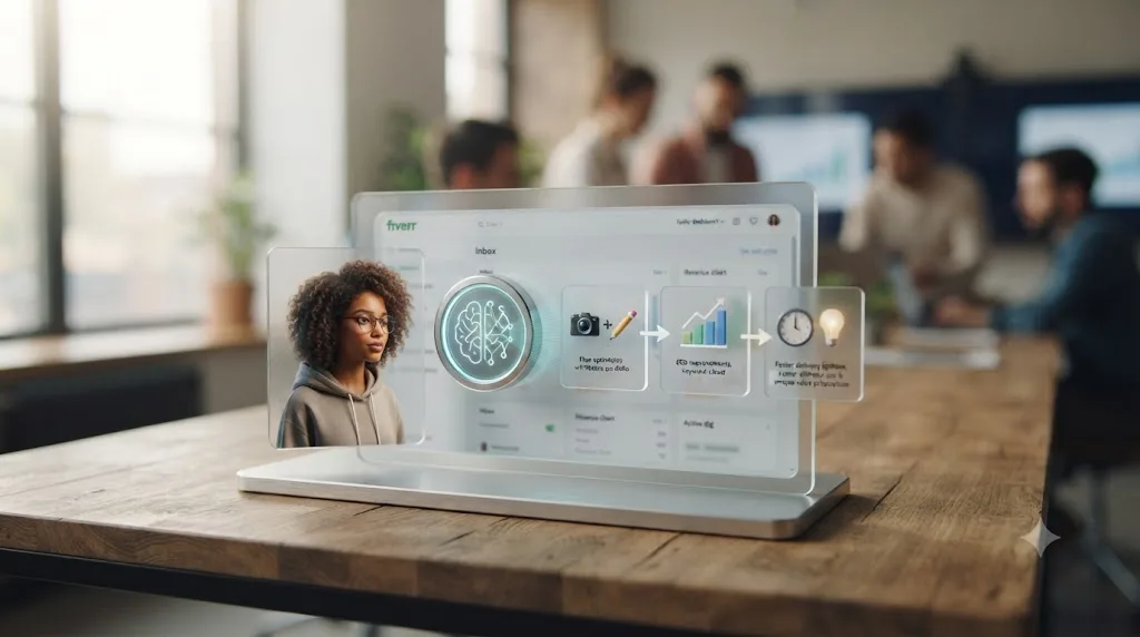 Illustration of an AI assistant icon giving gig optimization suggestions inside a Fiverr-style seller dashboard