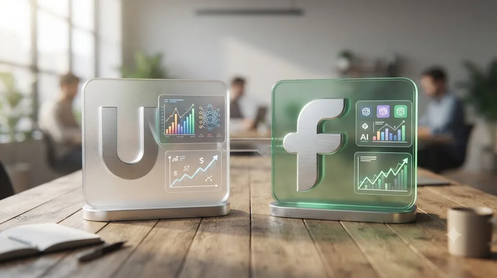 Illustration comparing Upwork and Fiverr platform icons side by side with small trend charts representing their AI strategies