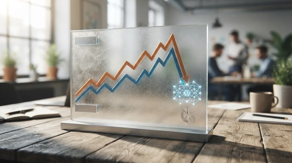 Illustration of a stock price chart showing a sharp decline near an AI disruption marker for freelance platform companies