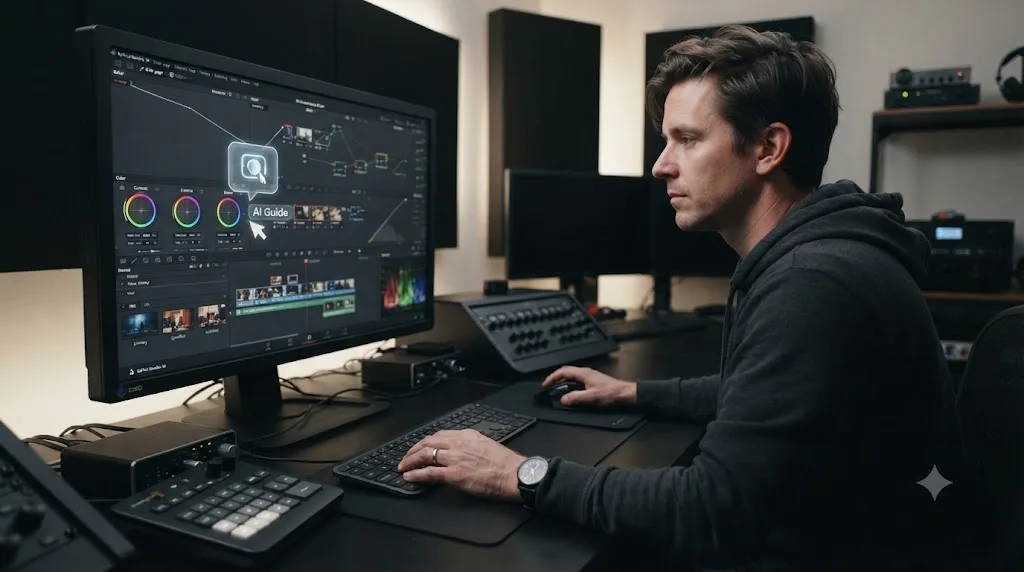 Illustration of an assistant overlay pointing at a control on a DaVinci Resolve interface while the editor's hand makes the adjustment