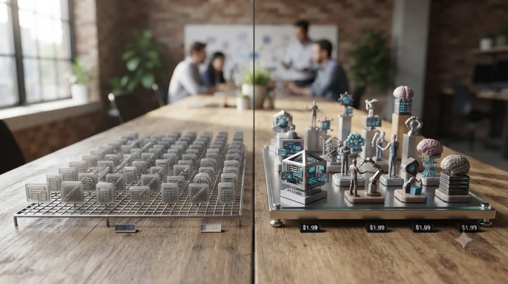 Illustration comparing a crowded field of basic AI gig icons against fewer, taller icons representing complex AI-supervised freelance work
