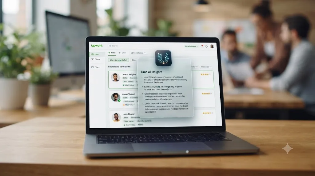 Illustration of an AI assistant icon summarizing freelancer work history inside an Upwork-style hiring dashboard