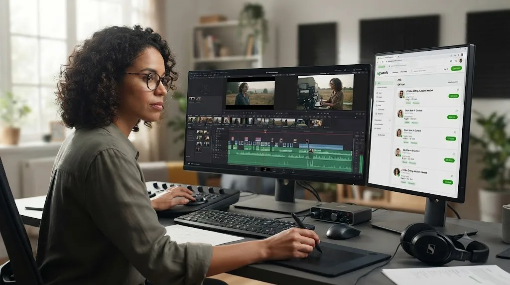 Illustration of a freelance video editor at a DaVinci Resolve timeline with an Upwork-style job feed open in a browser tab