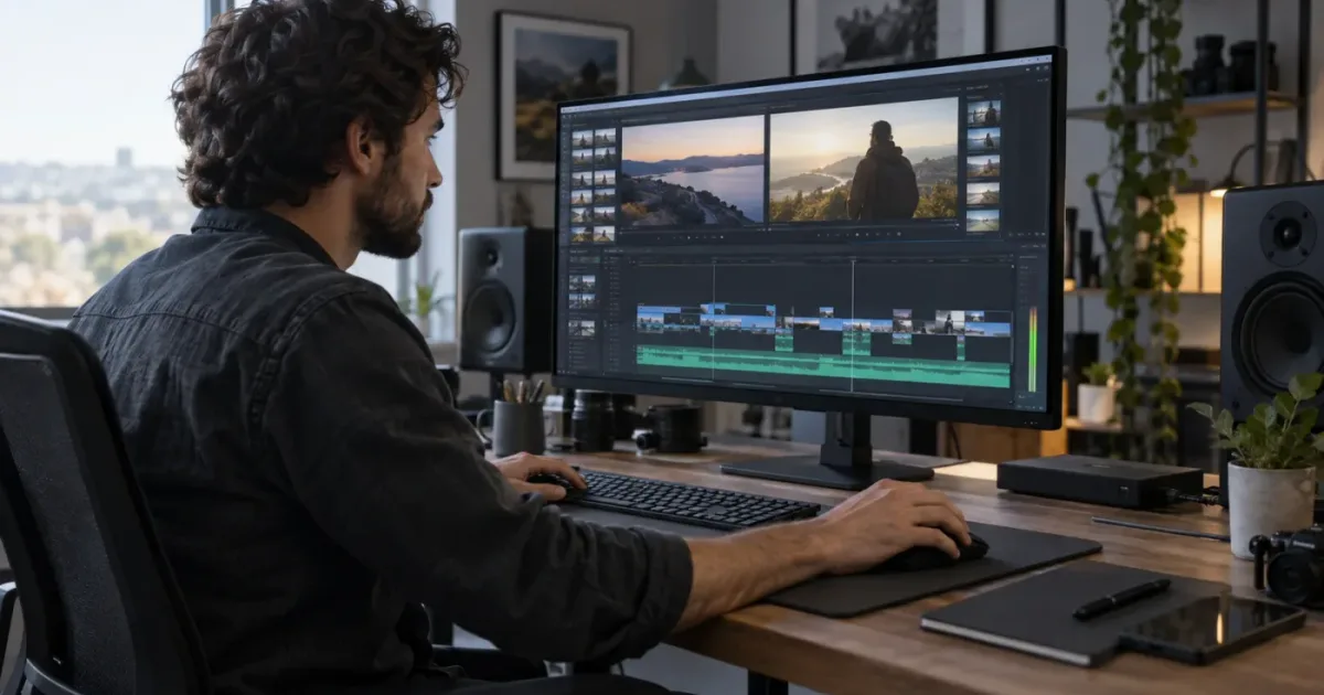 Illustration of the DaVinci Resolve Edit page with the timeline panel raised below the viewers