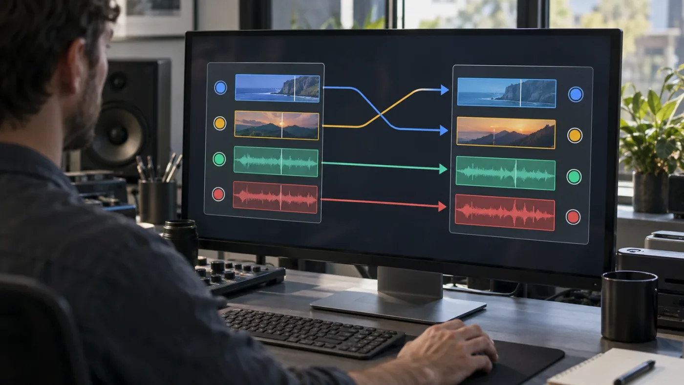 Illustration of DaVinci Resolve source and destination track controls for placing a clip on a higher track