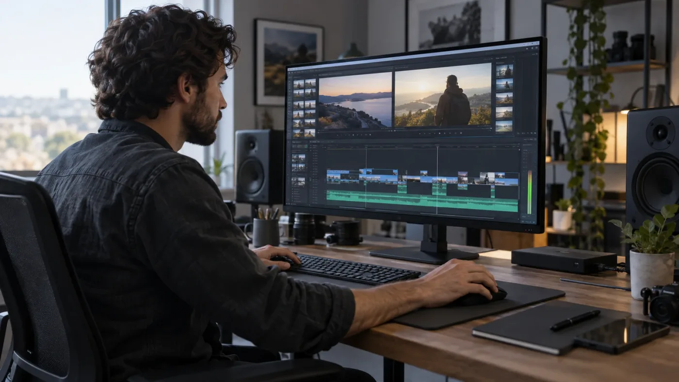 Illustration of the DaVinci Resolve Edit page with the timeline panel raised under the viewers