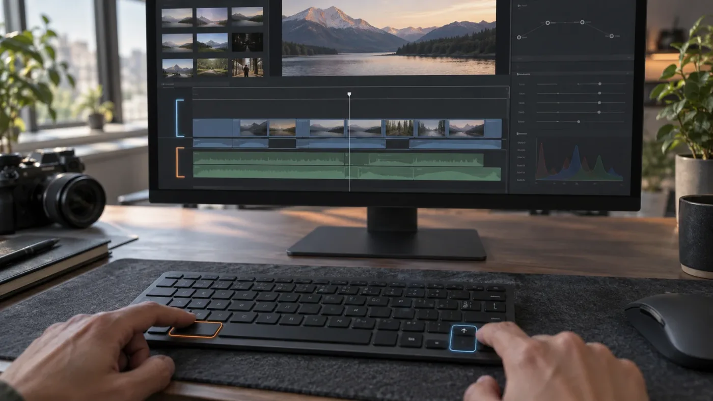 Illustration of the DaVinci Resolve timeline panel divider, track divider, and clip move shortcut