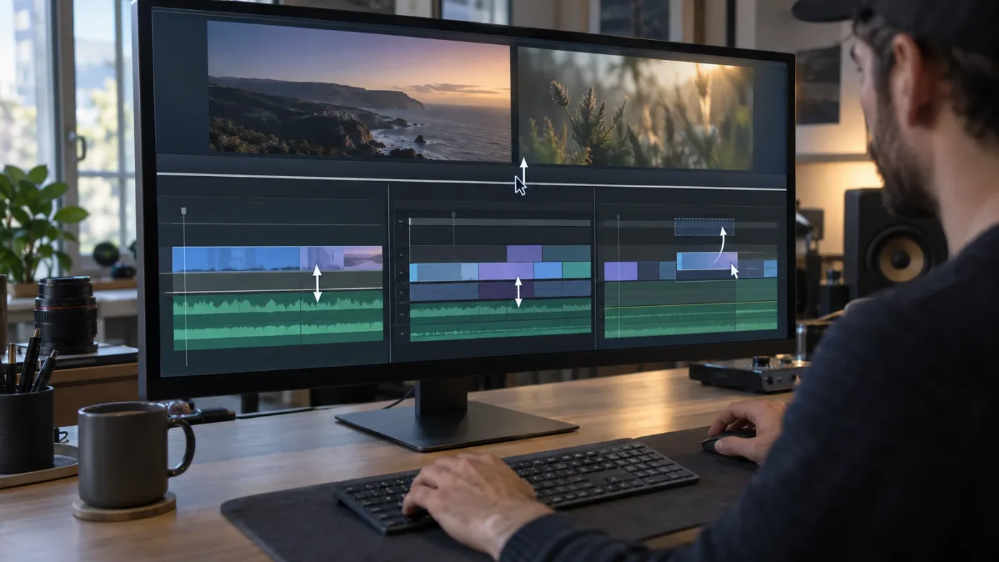 Illustration of four DaVinci Resolve timeline controls that move the panel, resize tracks, or move clips