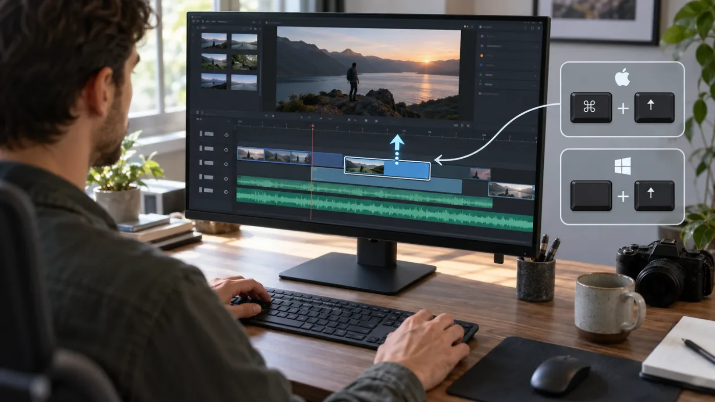 Illustration of a selected DaVinci Resolve clip moving to the next higher video track