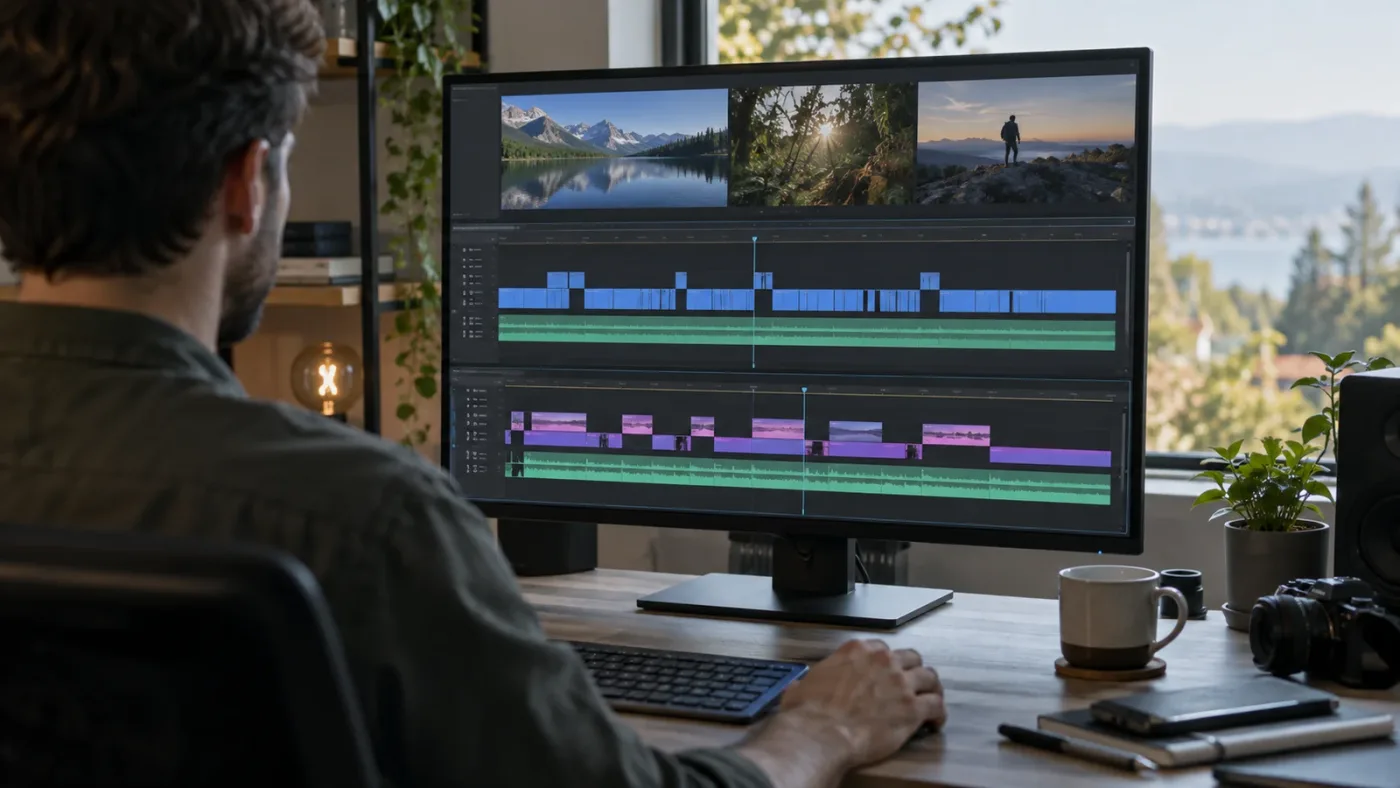 Illustration of stacked DaVinci Resolve timelines with a selects timeline above a program timeline