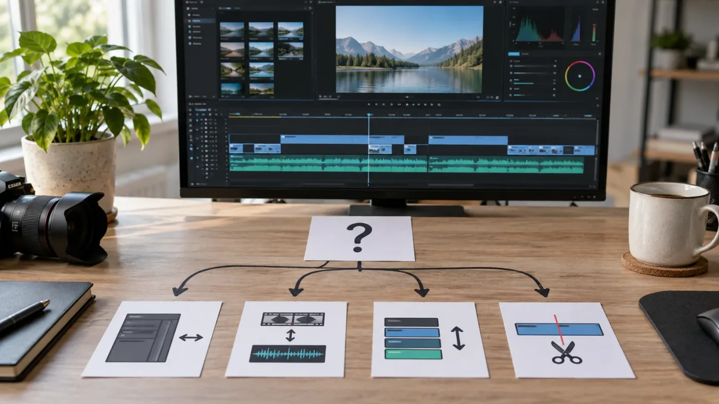 Illustration of a DaVinci Resolve timeline troubleshooting decision tree