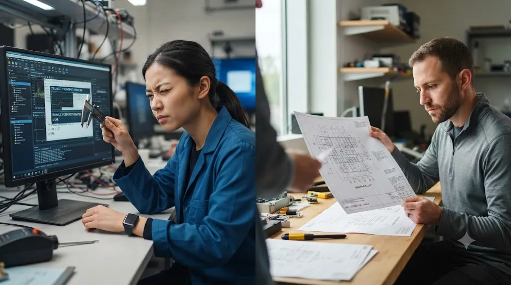 Illustration of a side by side comparison of an AI character estimating a coordinate from a screenshot versus an AI character reading a labeled blueprint handed to it directly