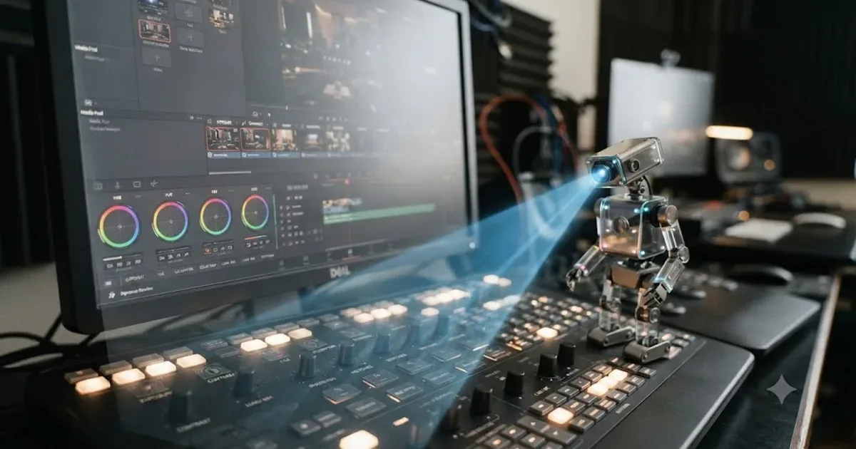 Illustration of a glowing screenshot being scanned by an AI tutor character and translated into a drawn box pointing at a control on a DaVinci Resolve style interface