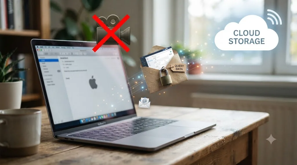 Illustration of a small padlocked envelope containing a screenshot and text label being sent from a MacBook toward a cloud, with a video camera icon crossed out to represent footage staying behind