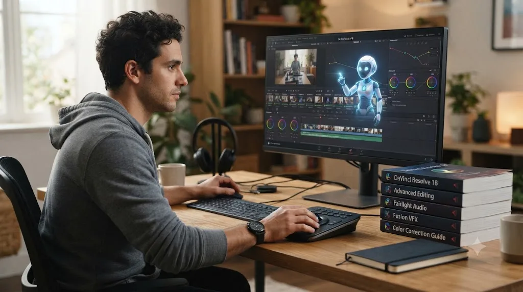 Illustration of a person at a desk with DaVinci Resolve open and a small AI tutor character pointing at their screen, next to a stack of closed training manuals
