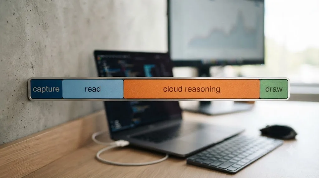 Illustration of a simple timeline bar divided into segments labeled capture, read, cloud reasoning, and draw, with the cloud reasoning segment visibly the largest