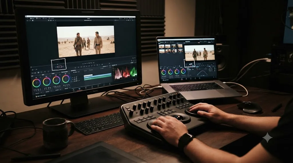 Illustration of a colorist's desk with two monitors, a calibrated reference display and a laptop, both showing a drawn box pointing at a control