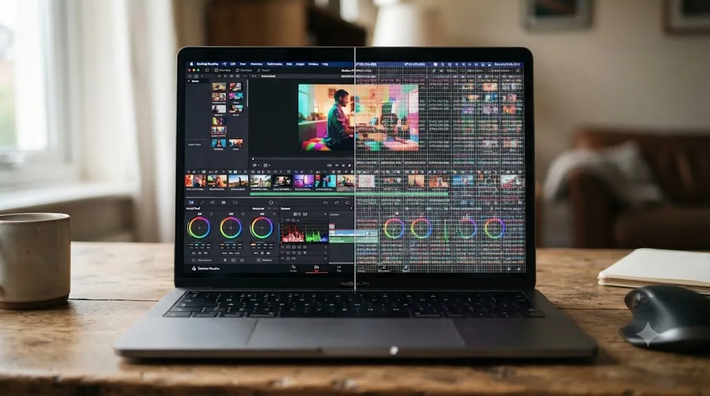 Illustration of a MacBook screen split between a normal editing interface and the same interface rendered as a flat grid of pixels representing a raw screenshot