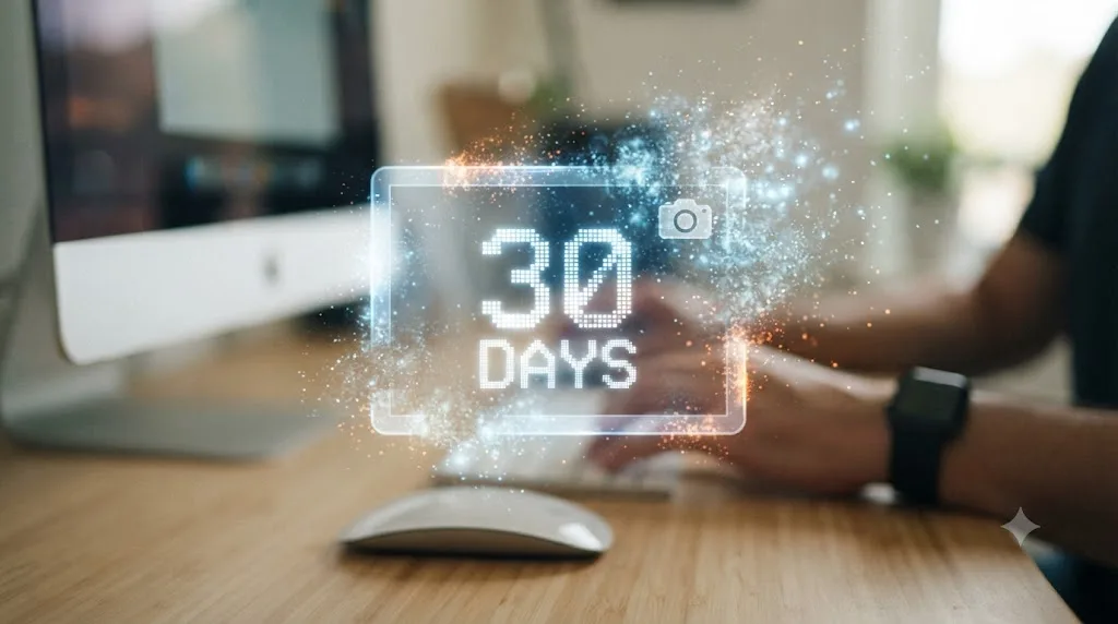 Illustration of a screenshot icon with a 30-day countdown timer overlaid, gradually fading and dissolving into nothing