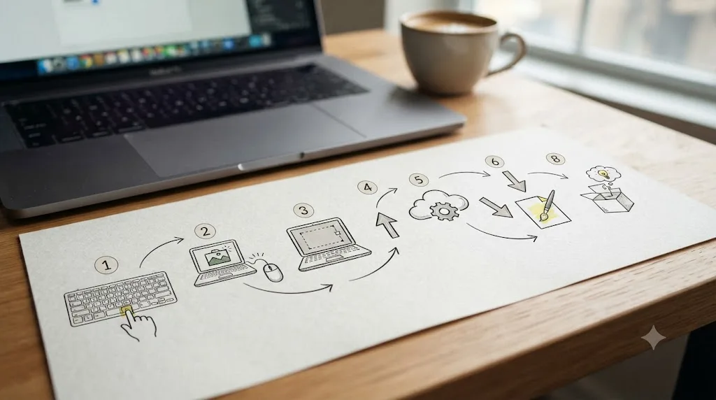 Illustration of a numbered diagram showing a sequence of icons from a keyboard shortcut through a cloud icon to a drawn box on screen