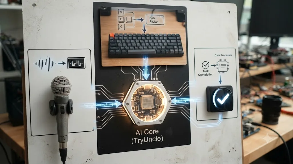 Illustration of three icons representing a microphone, a keyboard, and a checkmark, each with a diagram showing how their data flows into a central AI reasoning icon