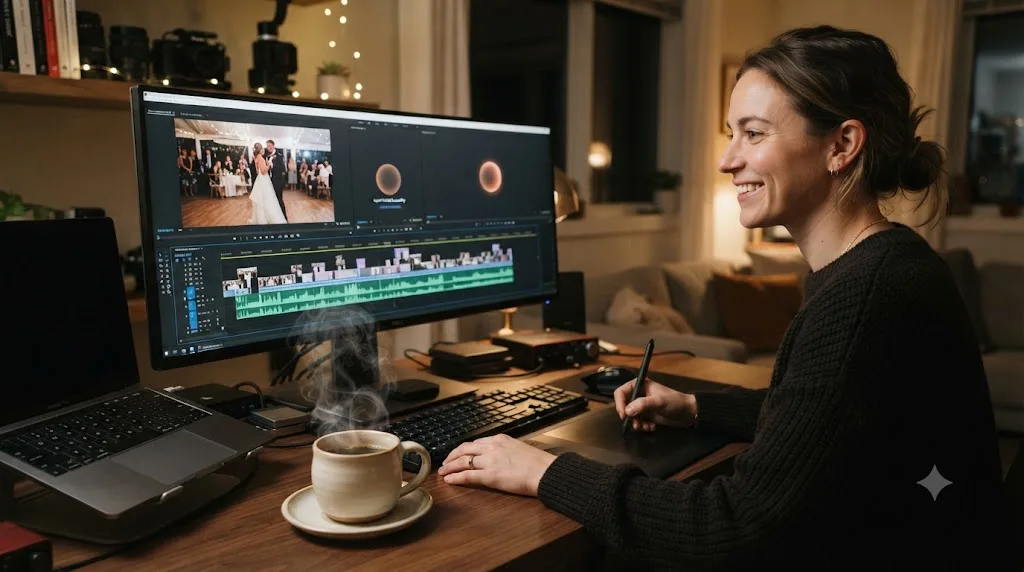 Illustration of a person finishing a wedding video edit with a small drawn circle fading from their screen and a coffee cup still steaming beside them