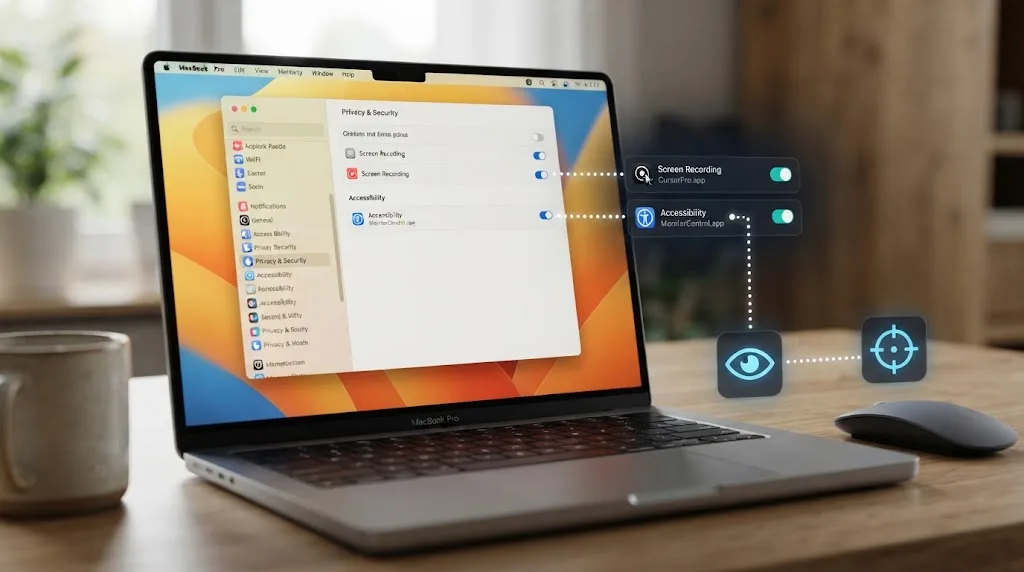 Illustration of a macOS privacy settings panel showing Screen Recording and Accessibility toggles connected by dotted lines to an eye icon and a targeting reticle