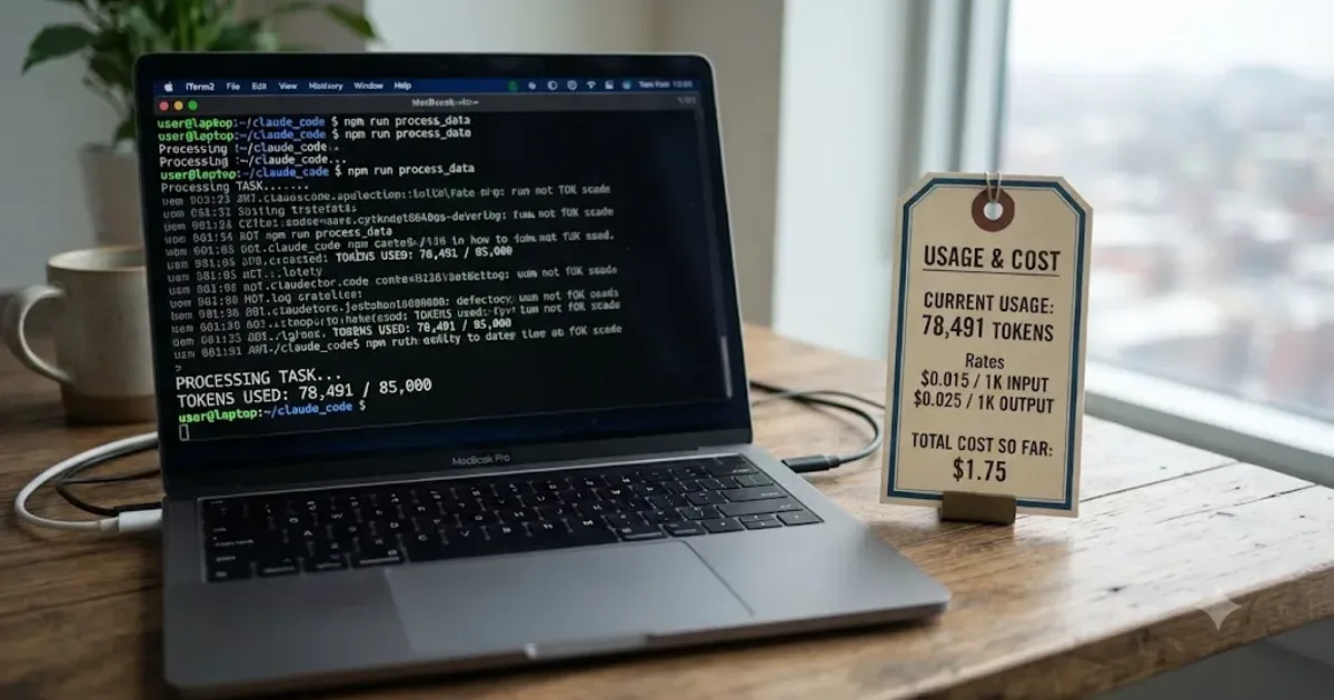 Illustration of a stack of pricing tier cards next to a terminal window showing a rising token usage meter