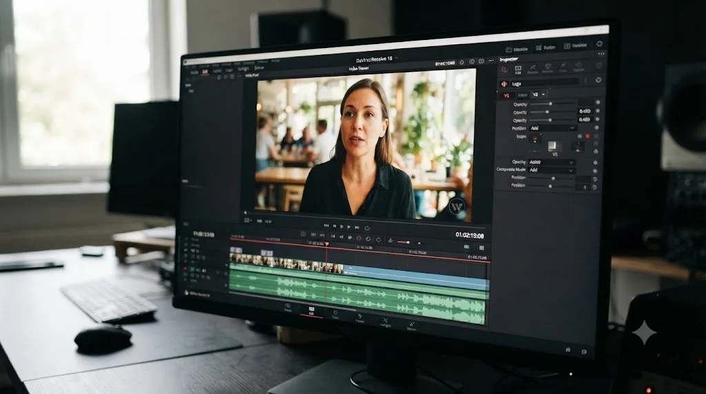 Illustration of a small semi-transparent brand logo watermark in the corner of a YouTube video frame in DaVinci Resolve