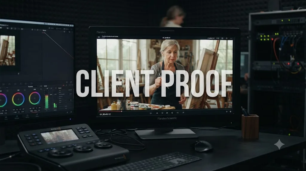 Illustration of a large semi-transparent client proof text watermark centered on a video frame in DaVinci Resolve