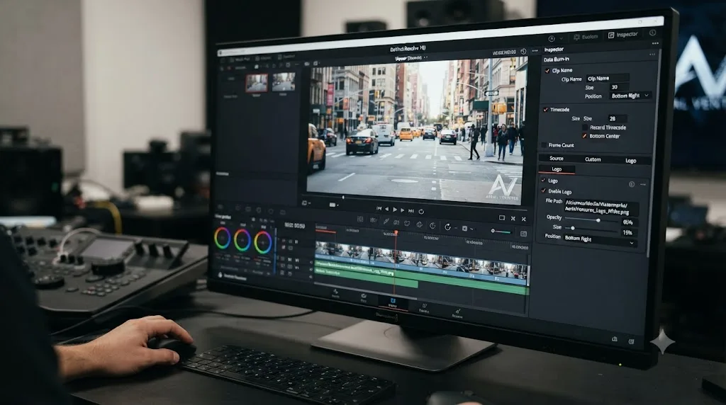 Illustration of a translucent logo watermark positioned in the corner of a video timeline in DaVinci Resolve