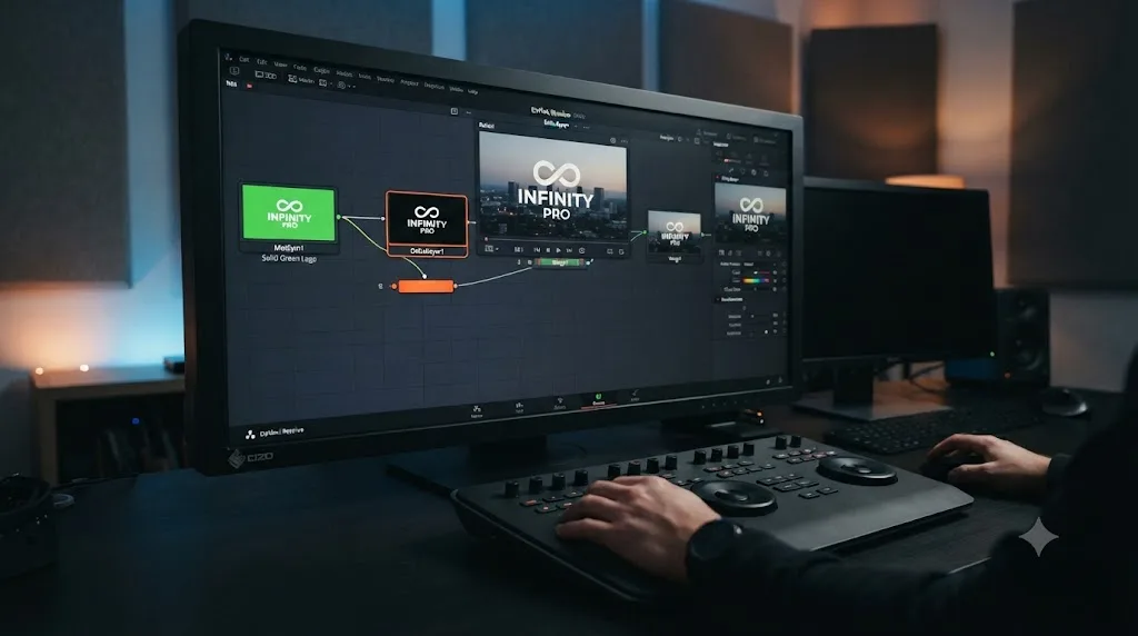 Illustration of a logo's solid background being removed with a Fusion Delta Keyer node in DaVinci Resolve