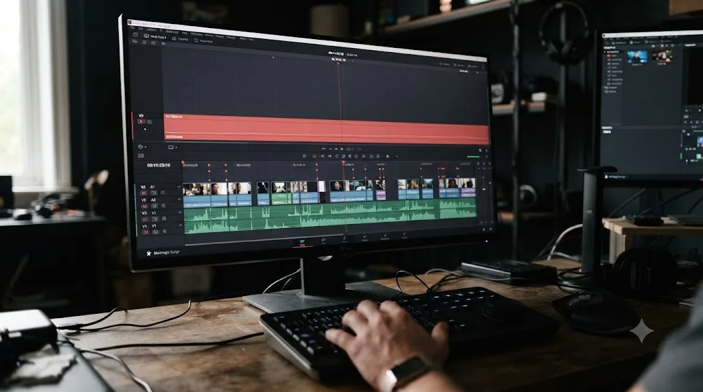 Illustration of one watermark clip stretched across a full DaVinci Resolve timeline on its own top video track