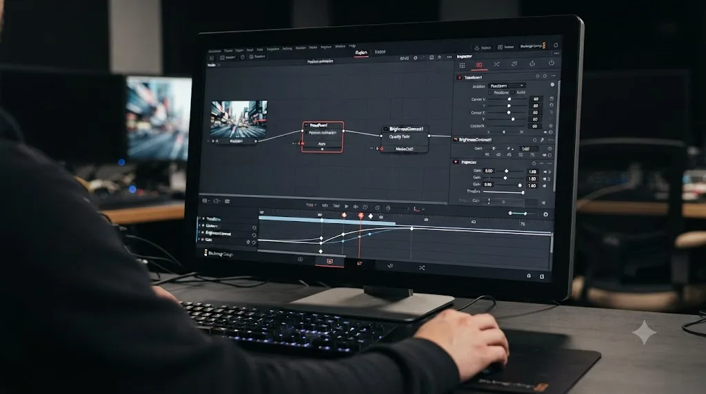 Illustration of a Fusion node graph animating a watermark's position and opacity with keyframes in DaVinci Resolve