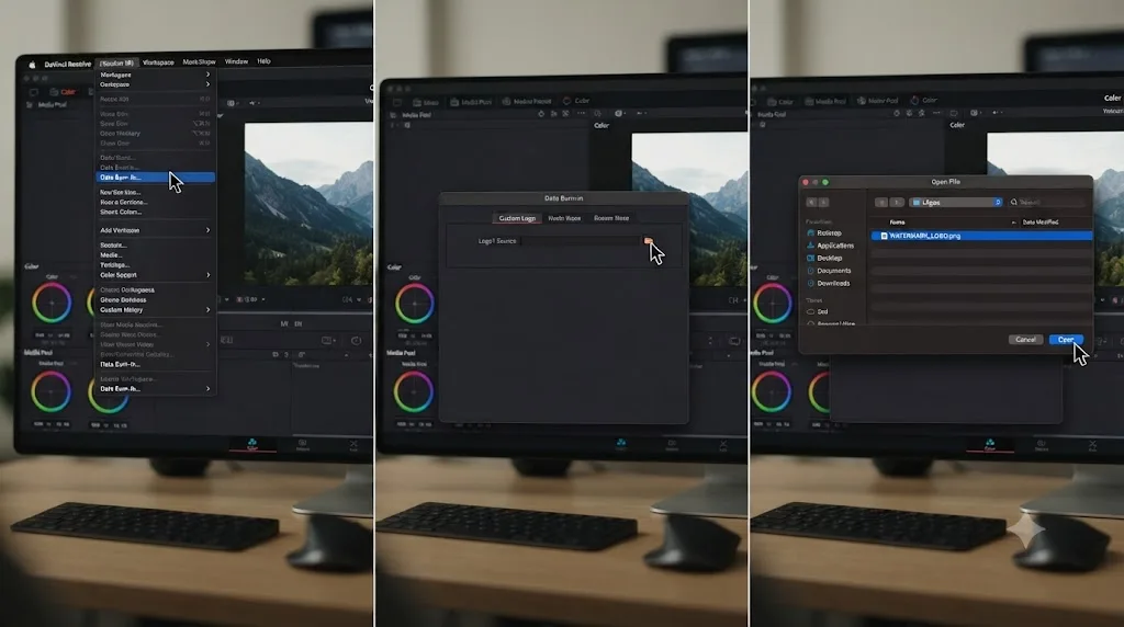 Illustration of importing a PNG logo file into the DaVinci Resolve Data Burn-in Logo field