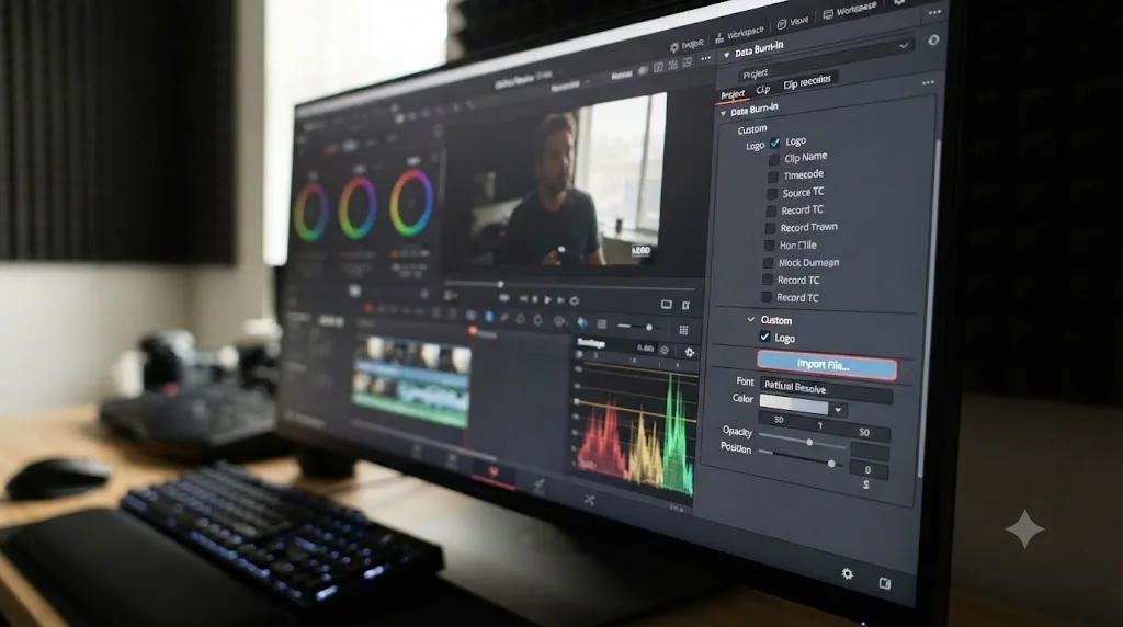 Illustration of the DaVinci Resolve Data Burn-in panel with a logo checkbox and file import option highlighted