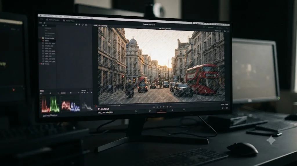 Illustration of a repeating tiled watermark pattern covering a stock footage preview clip in DaVinci Resolve
